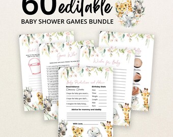May include: A bundle of 60 editable baby shower game cards featuring watercolour illustrations of a giraffe, lion, elephant, and zebra. The cards include text such as Baby Predictions and Advice, Guess Who, and Wishes for Baby with floral accents.