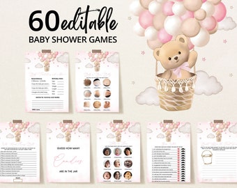 Editable Pink Girl Bear Baby Shower Games Bundle, We Can Bearly Wait ...