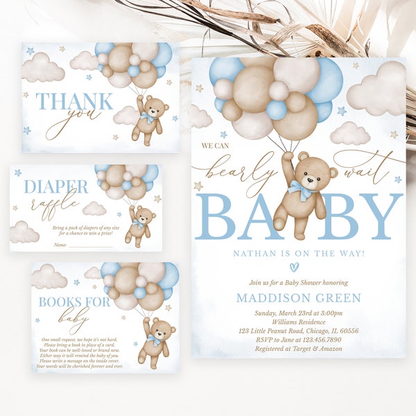 Editable Brown Bear Balloon Baby Shower Invitation Bundle, We Can Bearly Wait Baby Shower Invite, Blue Boy Boho Bear Baby Shower, BBS388