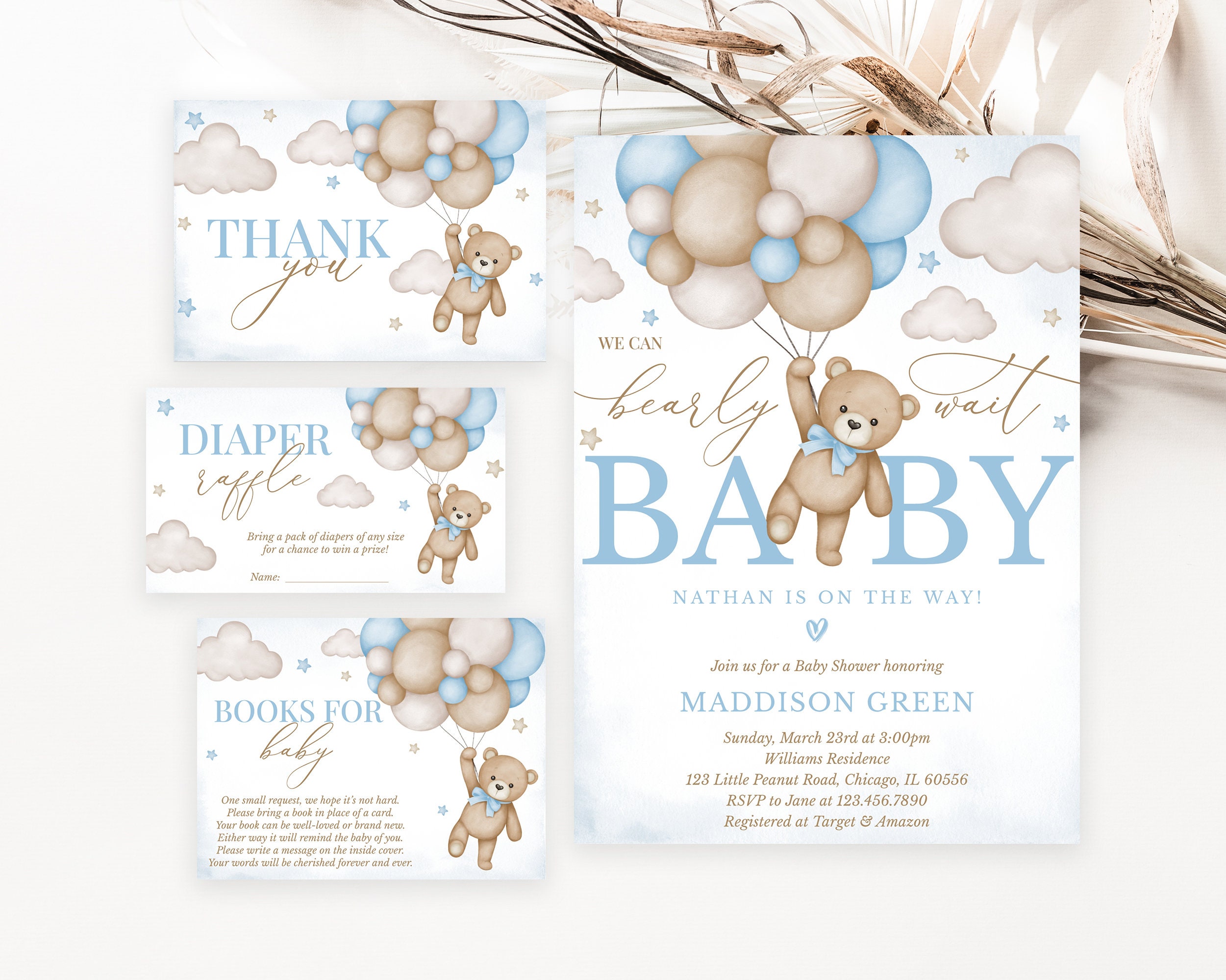 Editable Brown Bear Balloon Baby Shower Invitation Bundle, We Can Bearly Wait Baby Shower Invite, Blue Boy Boho Bear Baby Shower, BBS388