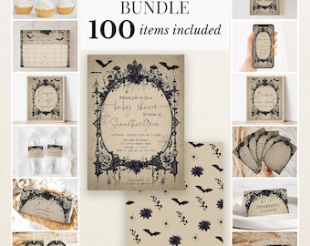 Editable Gothic Halloween Baby Shower Bundle, Spooky Vintage Baby Shower Invitation Pack, Haunted Halloween Baby Shower Game Package, BBS486
