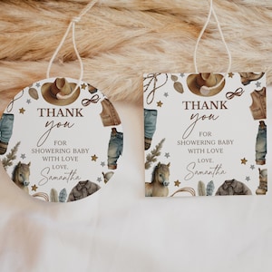 Bewerkbaar label voor bedankje babyshower babyshower, West babyshower bedankkaartje, blauwe cowboy babyshower feestartikelen, rodeo baby, BBS708