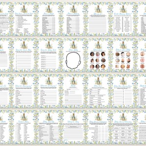 May include: A set of 16 printable baby shower game cards featuring Peter Rabbit illustrations. The cards are decorated with blue and green floral patterns and include games like "Guess the Sweet Treat", "Baby Word Scramble", and "What Did Mommy Say?"