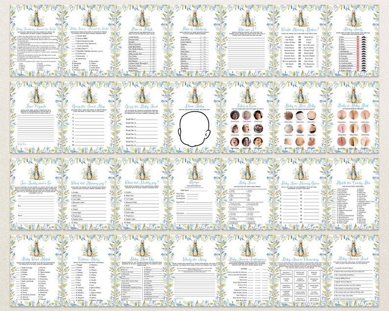 May include: A set of 16 printable baby shower game cards featuring Peter Rabbit illustrations. The cards are decorated with blue and green floral patterns and include games like "Guess the Sweet Treat", "Baby Word Scramble", and "What Did Mommy Say?"