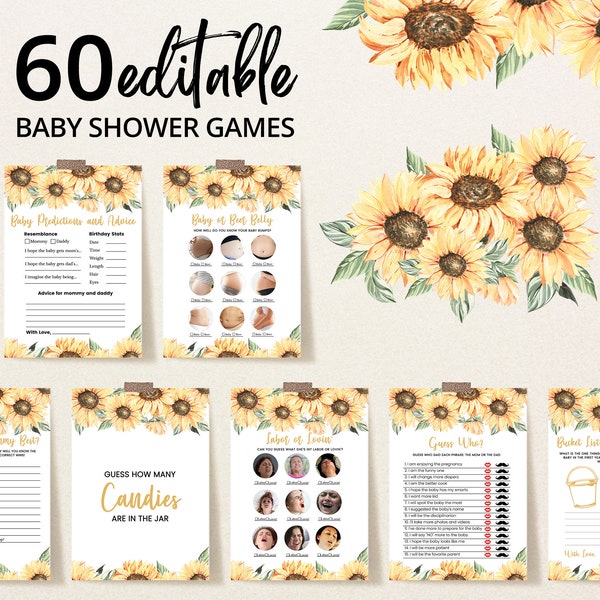 Editable Sunflower Baby Shower Game Bundle, Girl Rustic Sunflower Baby Shower Games, Boho Sunflower Baby Shower Game Pack,Baby Shower BBS260