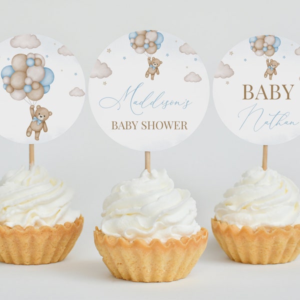 Editable Brown Bear Balloon Baby Shower Cupcake Topper, We Can Bearly Wait Baby Shower Cake Topper, Blue Boy Boho Bear Shower Decor, BBS388