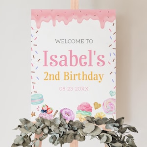 Editable Two Sweet 2nd Birthday Welcome Sign, Candy land Sweet Treats Birthday Poster, Donuts Ice Cream Decor, BRT317
