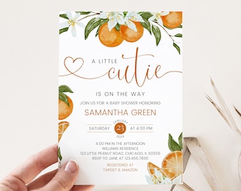 May include: A white baby shower invitation with orange blossoms and oranges. The text reads "A little cutie is on the way. Join us for a baby shower honoring Samantha Green. Saturday, January 23, 2024 at 4:00 PM. 4:00 PM in the afternoon, Williams Residence, 123 Little Peanut Road, Chicago, IL 60556. RSVP to Jane at 123.456.7890. Registered at Target & Amazon."