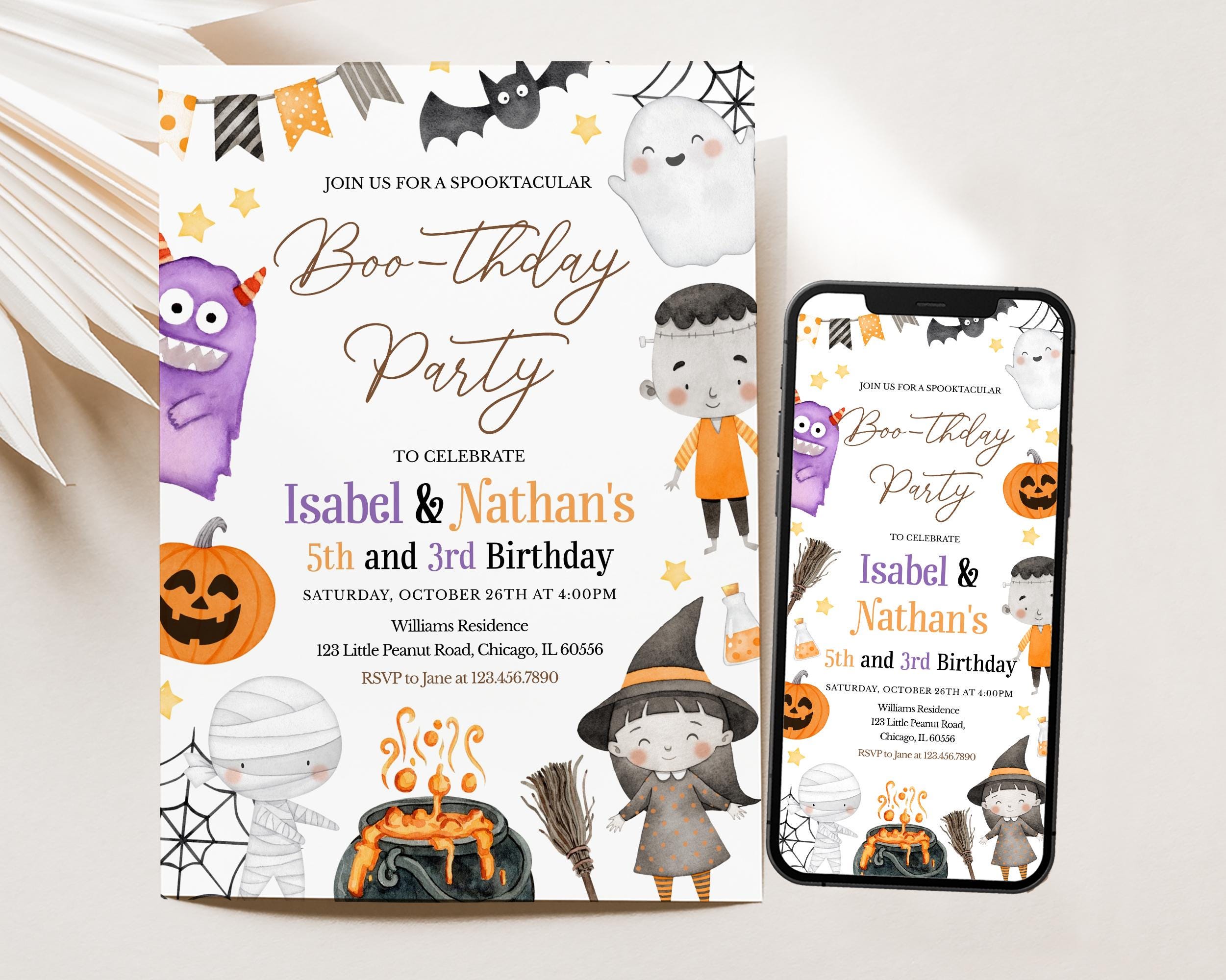 Editable Spooktacular Monsters Halloween Double Birthday Invitation, Halloween Boo-thday Party Invite, Kids Halloween Mobile, BRT171