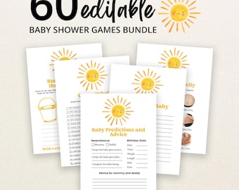 Könnte beinhalten: Ein Bündel von 60 bearbeitbaren Babyparty-Spielkarten mit einer gelben Sonnenillustration mit lächelndem Gesicht. Die Karten enthalten Text wie Baby Predictions and Advice, mit Zeilen zum Schreiben, Kontrollkästchen und kleinen Grafiken.