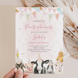 Editable Calling All Party Animals Farm Girl Birthday Invitation, Pink Farm Birthday Party Invite, Farm Animals Birthday Invite, BRT087