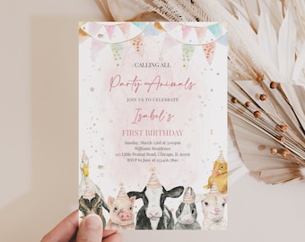 Editable Calling All Party Animals Farm Girl Birthday Invitation, Pink Farm Birthday Party Invite, Farm Animals Birthday Invite, BRT087