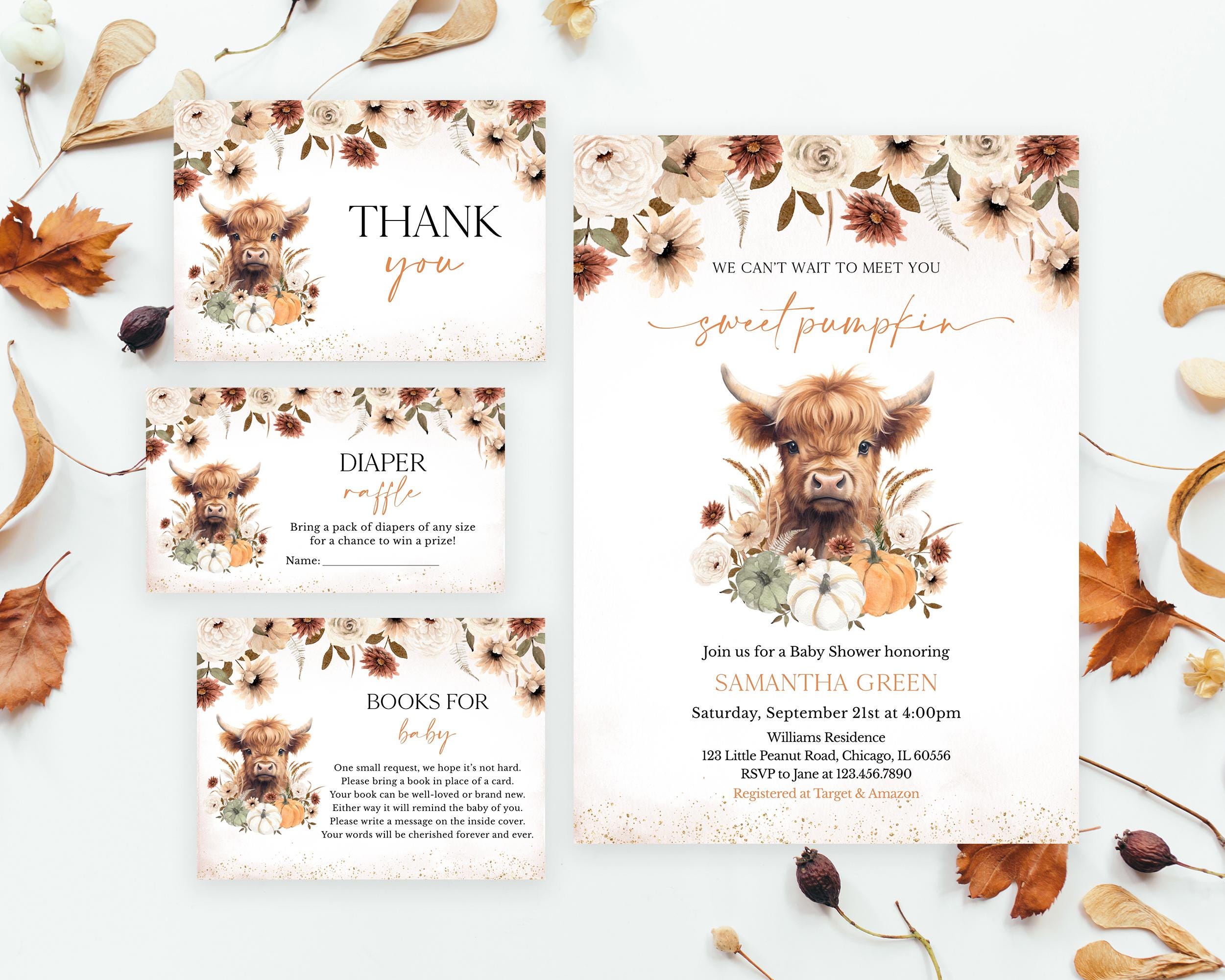Editable Fall Flowers Highland Cow Baby Shower Invitation Bundle, Girl Highland Cow Baby Shower Invite Pack, Pumpkin Cow Invite, BBS877