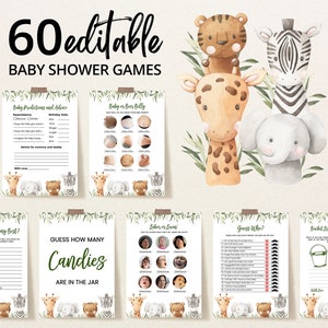 Paquete editable de juegos de baby shower A Little Wild One, paquete de juegos de baby shower Safari Jungle, juegos de baby shower Greenery Safari Animals, BBS725