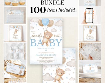 Editable Blue Bear Balloon Baby Shower Bundle, We Can Bearly Wait Baby Shower Invitation Pack, Blue Boy Boho Bear Game Package, BBS758