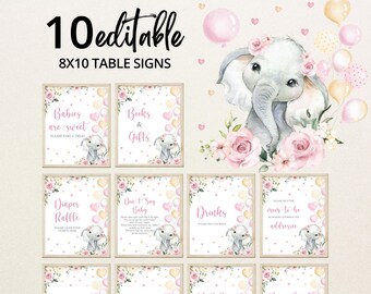 Könnte beinhalten: Zehn editierbare 8x10 Tischschilder für eine Babyparty. Die Schilder zeigen eine Aquarellillustration eines Elefanten mit rosa Blumen und Luftballons. Die Schilder enthalten Texte wie "Babies are sweet" und "Books & Gifts".