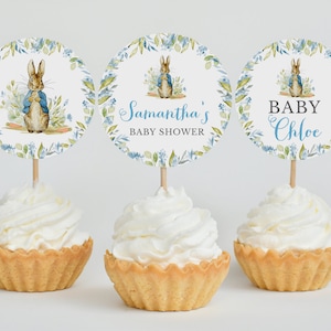 Modificabile Peter Rabbit Baby Shower Cupcake Topper, Blu Peter Rabbit Baby Shower Cake Topper, Ragazzo Peter Rabbit Shower Decor, BBS298