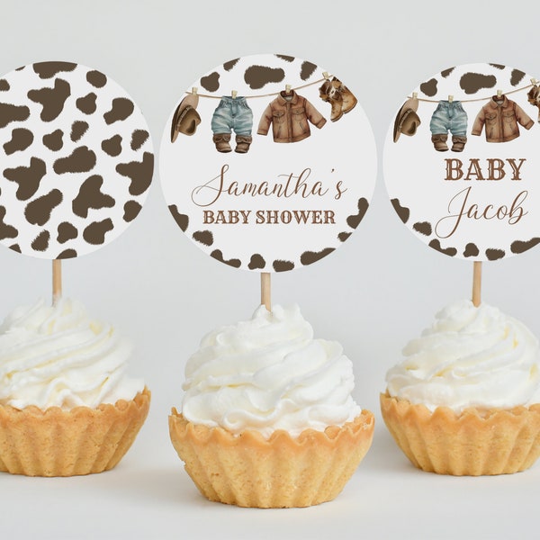 Editable A Little Cowboy Baby Shower Cupcake Topper, Wild West Baby Shower Cake Topper, Brown Cowboy Shower Decor, Rodeo Baby BBS719