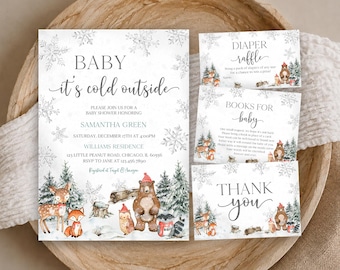 May include: A baby shower invitation set featuring a winter theme with snowflakes and woodland animals. The main card reads Baby it's cold outside and includes event details. Smaller cards include a diaper raffle, books for baby, and thank you.