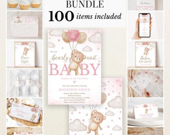 May include: A baby shower bundle featuring 100 items with a teddy bear theme. The design includes pink balloons, clouds, and stars. Text includes "BABY SHOWER BUNDLE", "100 items included", "WE CAN bearly WAIT", "BABY", "ISABEL IS ON THE WAY", and event details.
