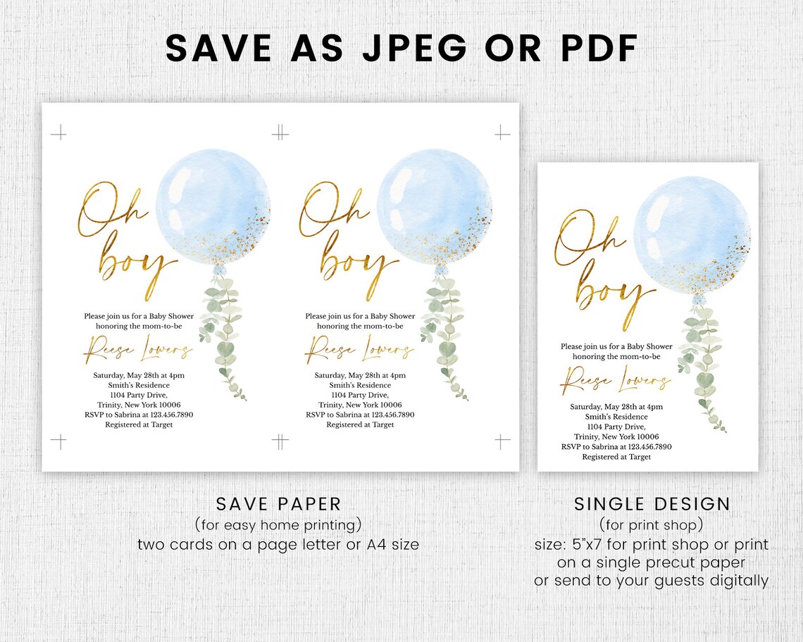 Editable Oh Boy Baby Shower Invitation Bundle, Blue Balloon Baby Shower ...
