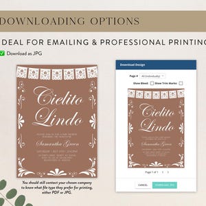 May include: A digital baby shower invitation template featuring a brown background with white text reading Cielito Lindo, Samantha Green, and event details. The design includes white decorative bunting and floral corner accents, shown in a download interface.