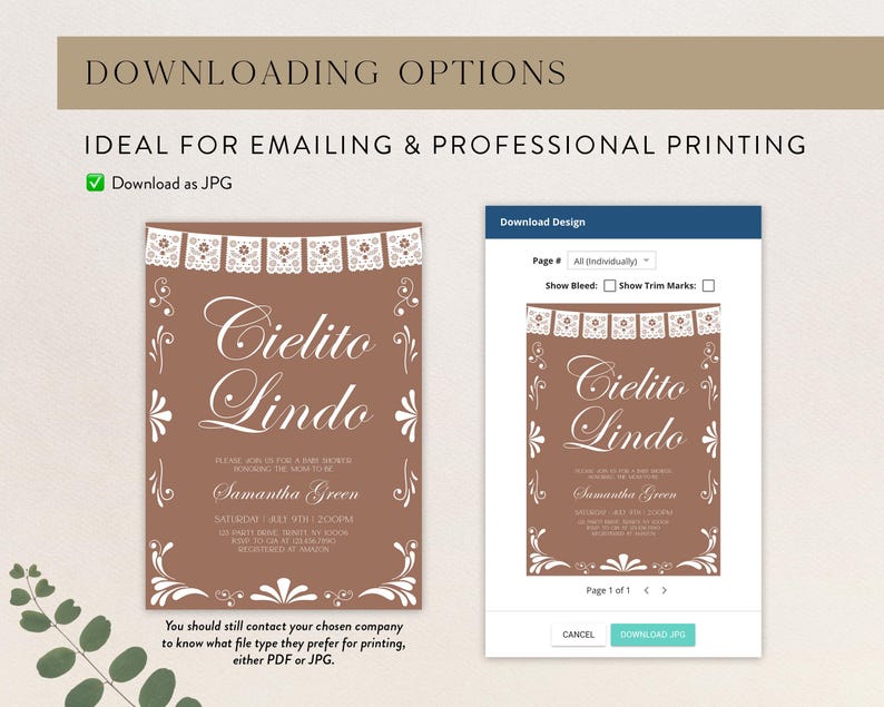 May include: A digital baby shower invitation template featuring a brown background with white text reading Cielito Lindo, Samantha Green, and event details. The design includes white decorative bunting and floral corner accents, shown in a download interface.