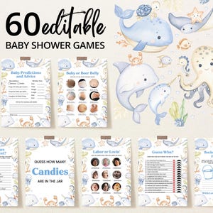 Bewerkbare Boy Under the Sea-babyshowergamebundel, oceaanbabyshowergamepakket, blauwe nautische babyshowergames, BBS368
