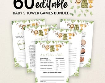 Puede incluir: Un paquete de 60 tarjetas de juegos para baby shower editables con temática de safari, con ilustraciones de un león, jirafa, binoculares y un chaleco colgados en un tendedero. Las tarjetas incluyen texto para juegos como Guess Who y Baby Predictions.