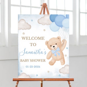 Bearbeitbares blaues Bärn-Fliegen-Ballon-Babyparty-Willkommensschild, Wir können Bärenbabyparty-Plakat warten, blauer Junge Boho Bärn-Duschedekor, BBS650