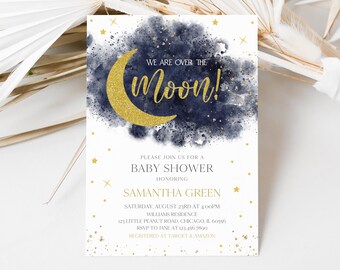 Editable Blue We are Over the Moon Baby Shower Invitation, Twinkle Little Star Baby Shower Invite, Gold Moon Star Boy Shower, BBS749