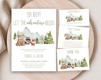 May include: A baby shower invitation set featuring watercolor illustrations of a bear, raccoon, and fox in a forest with mountains. The text reads OH BOY! LET THE ADVENTURE BEGIN, DIAPER RAFFLE, BOOKS FOR BABY, and THANK YOU with event details.