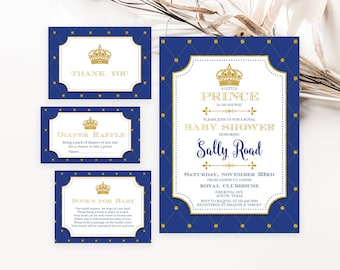 Bewerkbare prins baby shower uitnodiging bundel, koninklijke prins baby shower uitnodiging, kleine prins baby shower uitnodiging, blauw en goud BBS115