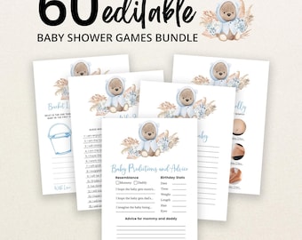 Peut inclure: Un lot de 60 cartes de jeux de baby shower modifiables avec un ours en peluche à l'aquarelle portant une tenue à capuche bleue, entouré d'herbes de la pampa et de fleurs bleues. Les cartes incluent des textes de prédictions et conseils.