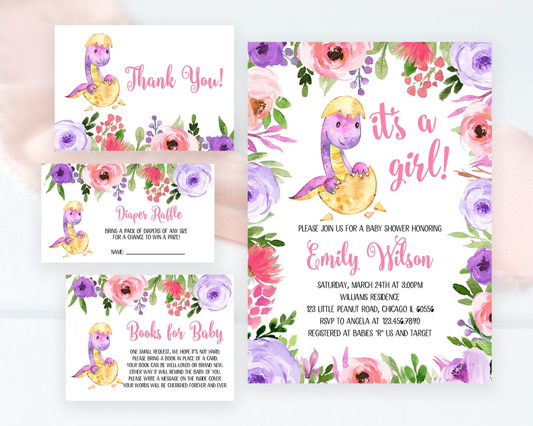 Editable Girl Dinosaur Baby Shower Invitation Bundle, Purple Pink Floral  Dinosaur Baby Shower Invite, Floral Dinosaur Baby Shower, BBS137 - Etsy