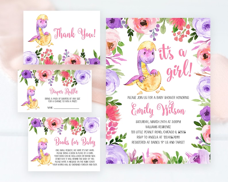Editable Girl Dinosaur Baby Shower Invitation Bundle Purple Pink Floral Dinosaur Baby Shower Invite Floral Dinosaur Baby