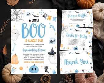 Editable Blue A Little Boo Baby Shower Invitation Bundle, Boy Halloween Baby Shower Invite, Ghost Halloween Baby Shower Invite, BBS496