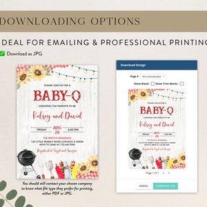 K&ouml;nnte beinhalten: Eine druckbare Babyparty-Einladung mit rustikalem Holz-Hintergrund und rotem und wei&szlig;em Karo-Muster. Die Einladung zeigt einen Grill, Sonnenblumen und den Text "Bitte schlie&szlig;en Sie sich uns zu einem Baby-Q an, zu Ehren der werdenden Eltern Kelsey und David".