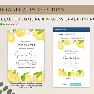 May include: A baby shower invitation featuring a lemon design. The invitation includes the text "Baby Shower" and event details. The design also includes the text "Downloading Options" and "Ideal for Emailing & Professional Printing". The invitation is available as a JPG.