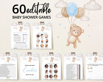 Pacchetto giochi modificabile per baby shower con palloncini Blue Bear, pacchetto giochi We Can Bearly Wait per baby shower, giochi Blue Boy Boho Bear Shower, BBS758