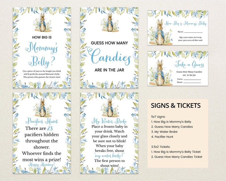 May include: A set of printable baby shower game signs featuring Peter Rabbit illustrations. The signs include "How Big is Mommy's Belly?", "Guess How Many Candies Are in the Jar", "Pacifier Hunt", and "My Water Broke".