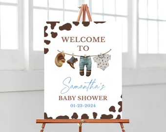 Editable A Little Cowboy Baby Shower Welcome Sign, Wild West Baby Shower Poster, Blue Cowboy Baby Shower Decor, Rodeo Baby, BBS709