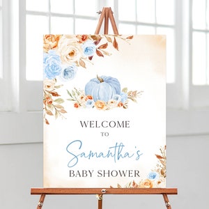 Editable Boy Blue Pumpkin Baby Shower Welcome Sign, Fall Rustic Floral Pumpkin Baby Shower Poster, Little Pumpkin Baby Shower Decor, BBS443