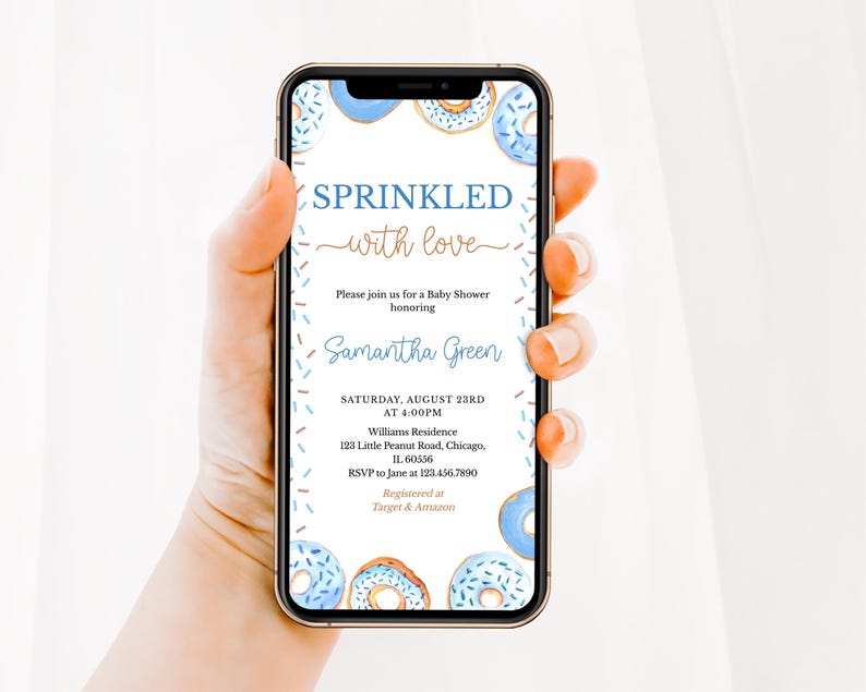 May include: A blue and white donut themed baby shower invitation on a smartphone screen. The invitation reads "SPRINKLED with love" and includes the name "Samantha Green" and details for the shower.