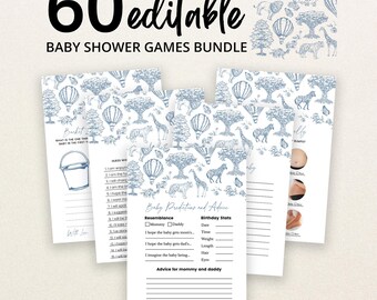 Könnte beinhalten: Ein Set aus 60 bearbeitbaren Babyparty-Spielkarten mit einem blau-weißen Toile-Muster aus Heißluftballons, Bäumen und Safari-Tieren. Die Karten enthalten Text für Baby-Vorhersagen, Ratschläge und verschiedene Spiele mit Leerzeilen.