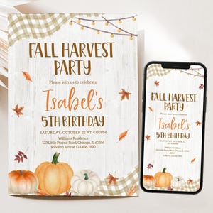 Editable Fall Harvest Party Birthday Invitation, Pumpkins Leaves Picnic Birthday Invite, Fall Pumpkin Harvest Birthday Mobile, BRT384