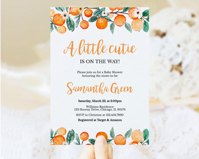 Editable Little Cutie Baby Shower Invitation Orange Baby Shower Invite Gender Neutral Orange Citrus Baby Shower Invite Citrus