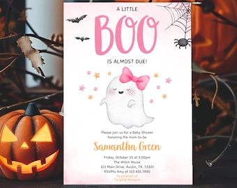 May include: A Halloween-themed baby shower invitation with a pink and white color scheme. The invitation features a cute ghost with a pink bow, the words "A Little Boo Is Almost Due!", and event details. Bats, stars, and a spiderweb complete the design.