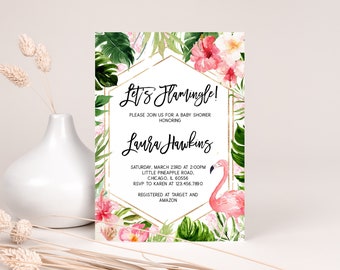 Editable Floral Flamingo Baby Shower Invitation, Tropical Flamingo Baby Shower Invite, Flamingo Baby Shower Invitation Template, BBS196