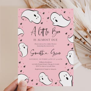 Editable Girl A Little Boo Baby Shower Invitation, Pink Halloween Baby Shower Invite, Ghost Halloween Baby Shower Invite, BBS498